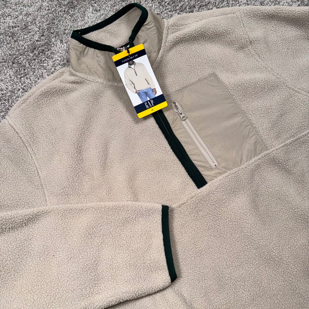 Gap Fleece Half Zip Mens Mixed Media Pullover Cream Medium NEW